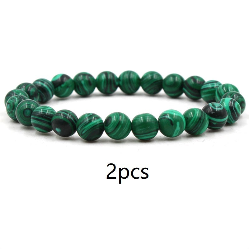Classic Black Matte & Green Malachite Beaded Bracelet – Unisex Stretch Strand Jewelry