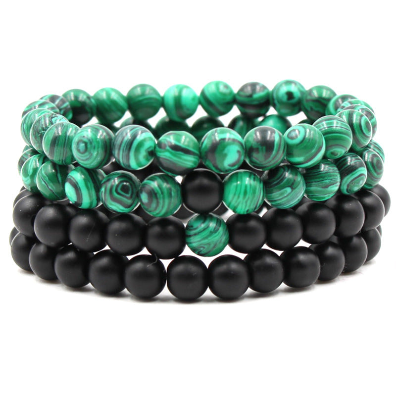 Classic Black Matte & Green Malachite Beaded Bracelet – Unisex Stretch Strand Jewelry