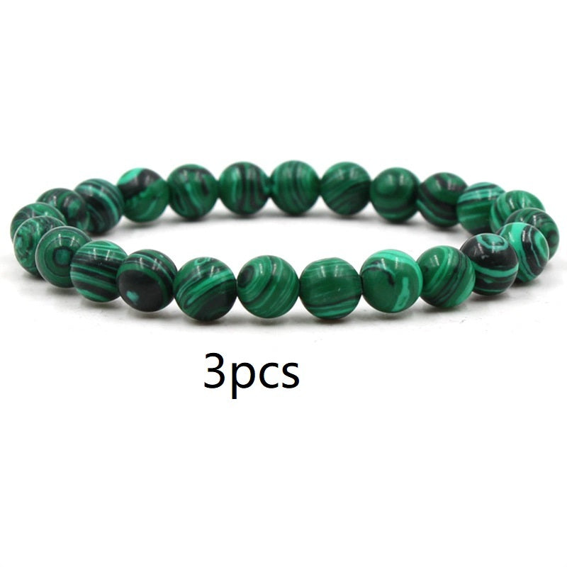 Classic Black Matte & Green Malachite Beaded Bracelet – Unisex Stretch Strand Jewelry